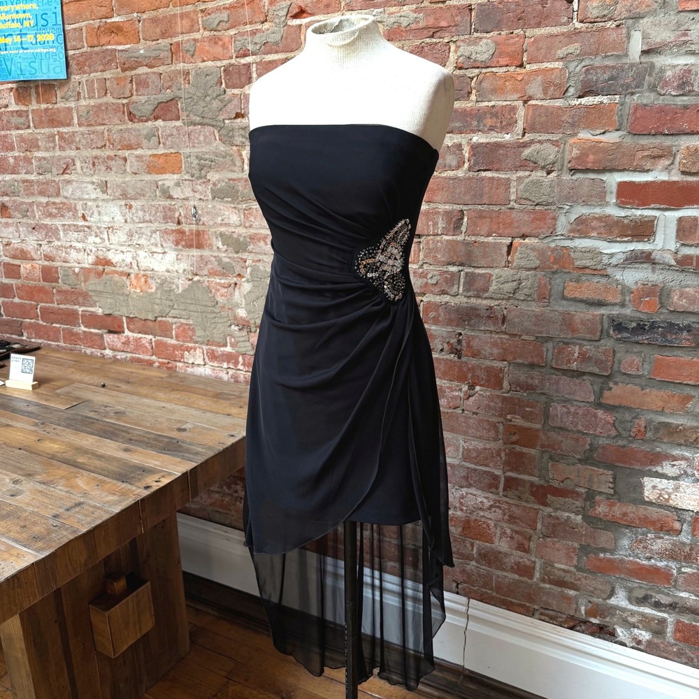 Teeze Me Black Strapless High Low Mesh Cocktail Dress Sequin Size 7